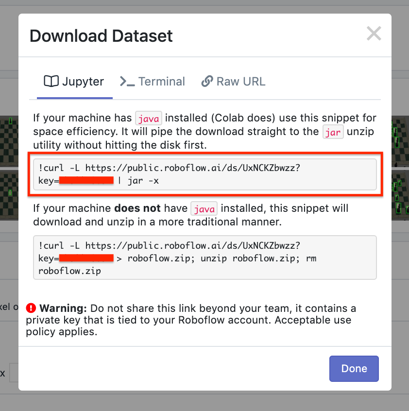 Roboflow Screenshot: Download Dataset, showing Jupyter notebook curl links.