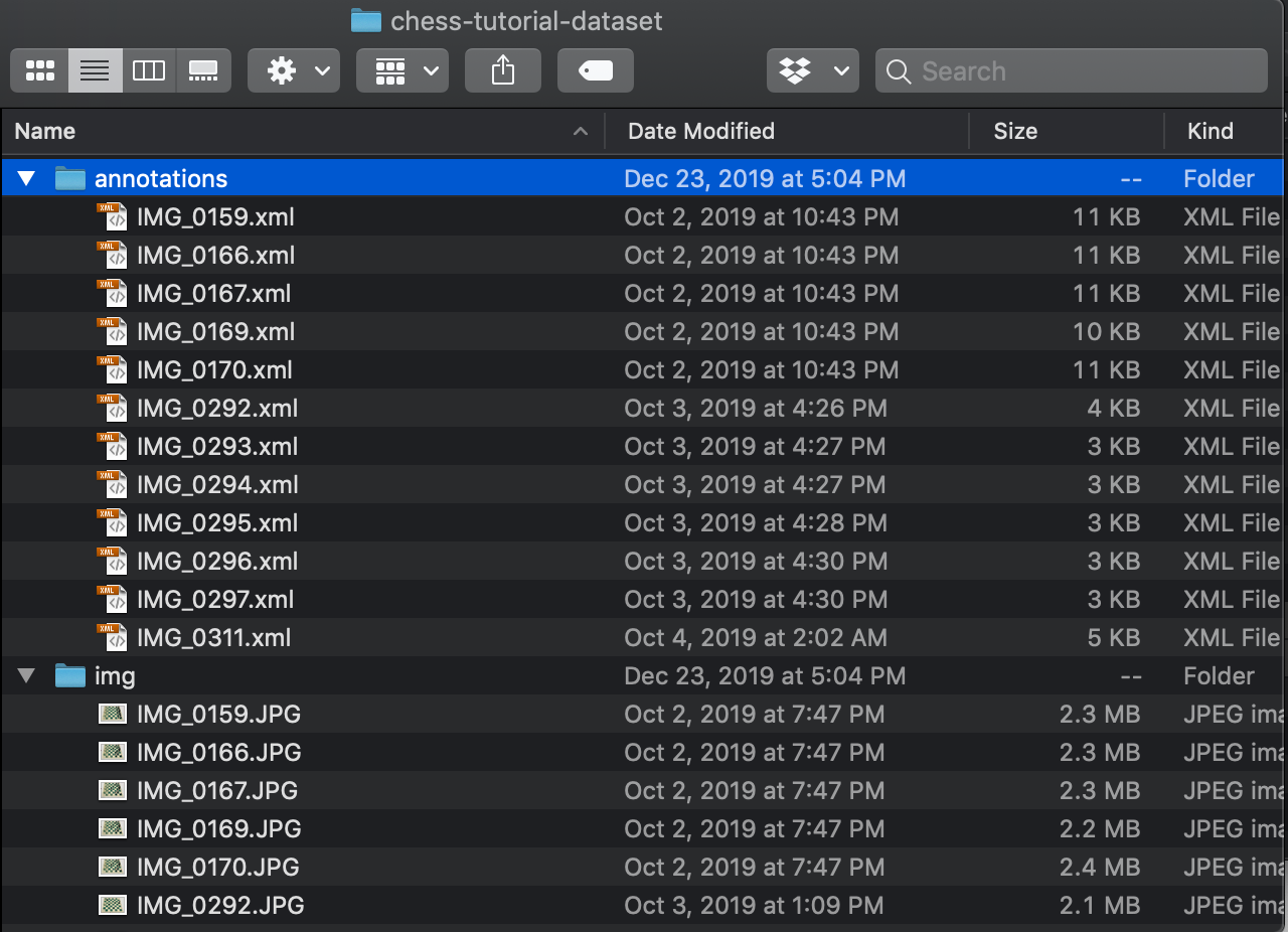 MacOS Finder Screenshot: annotations folder (containing xml files), img folder (containing JPG images)