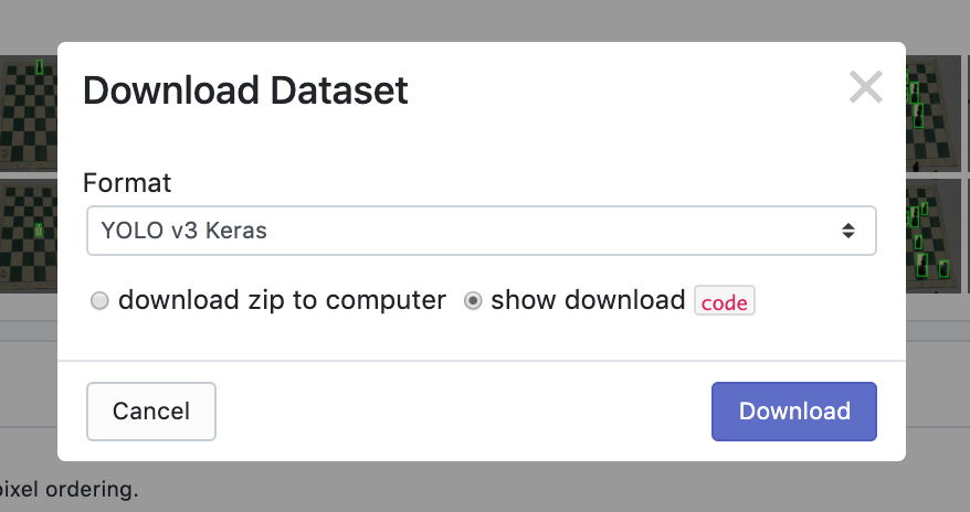 Roboflow screenshot: Download Dataset dialog (YOLO v3 Keras)