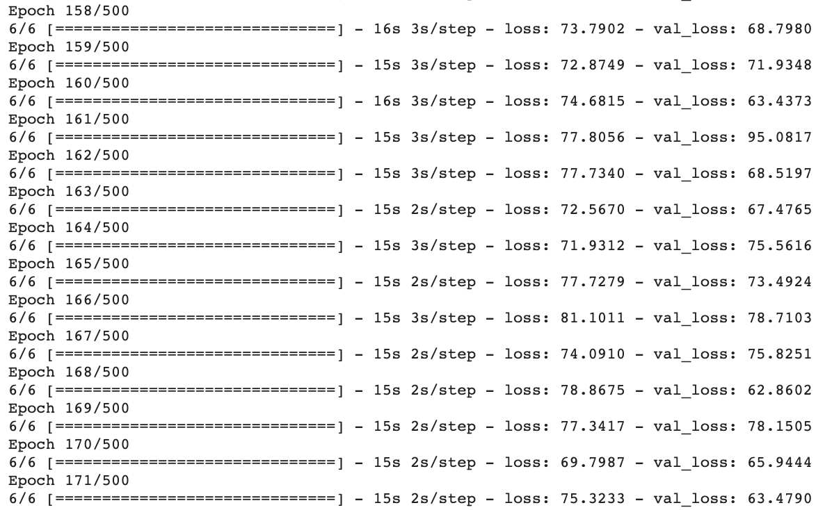 Google Colab Screenshot: loss over time (171/500 epochs, 15s 2s/step - loss: 75.3233, val_loss - 63.4790)