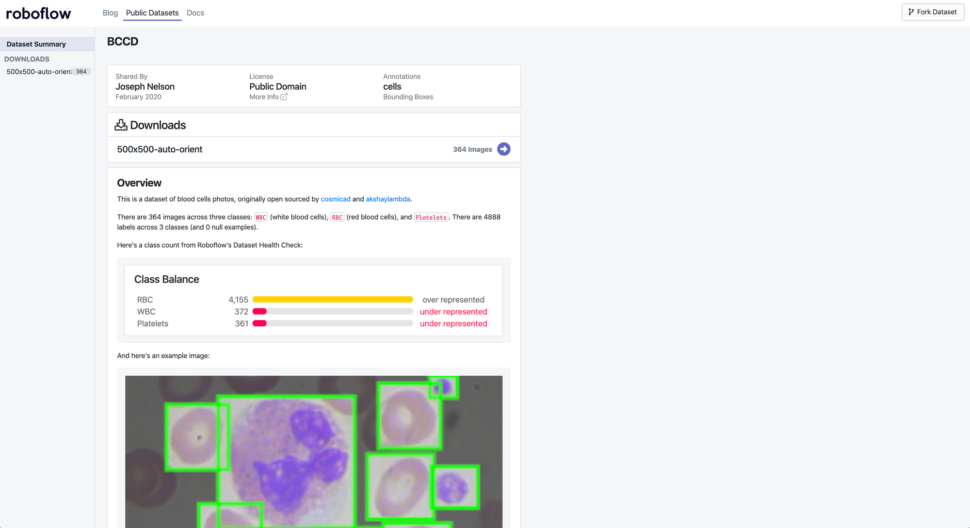 Roboflow Screenshot: Blood Cell Count and Detection dataset health check.