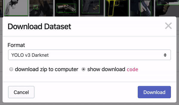 Roboflow screenshot: choosing an export format for download (Tensorflow TFRecord)