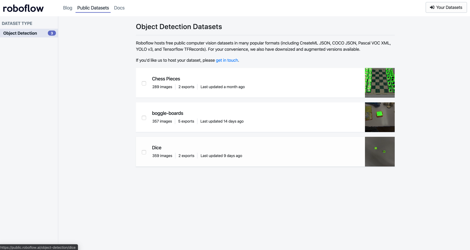 Roboflow Screenshot: Public Datasets page (Chess Pieces, boggle-boards, Dice)