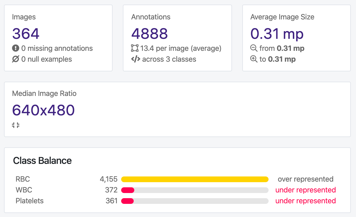 Roboflow screenshot: dataset health check (images, annotations, image size, class balance).