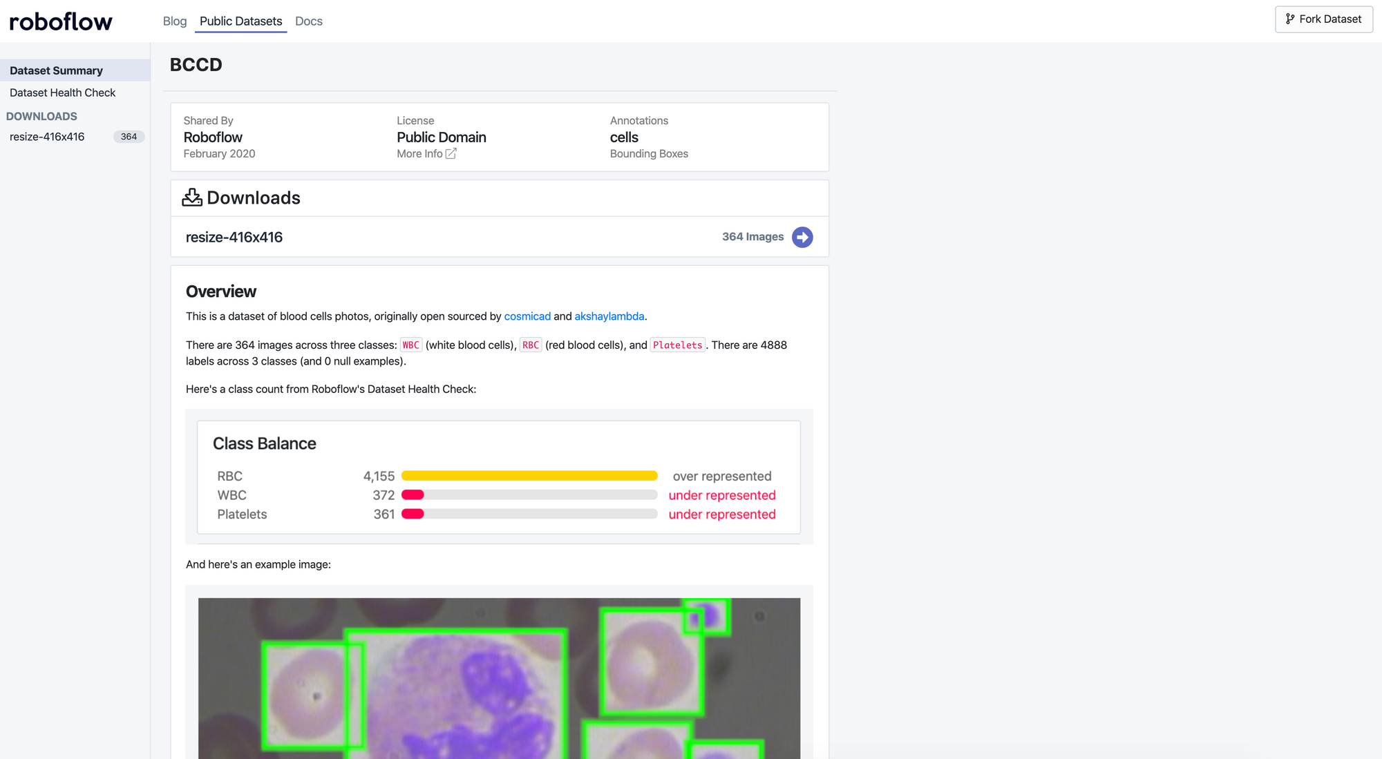 Roboflow screenshot: dataset health check.