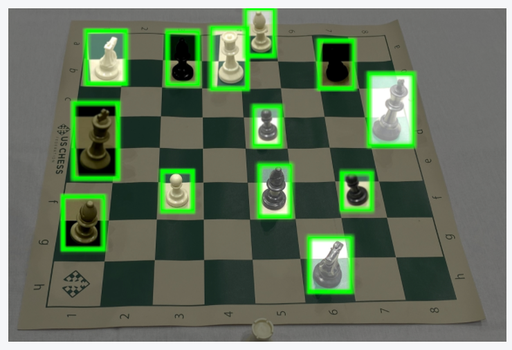 Chess board annotated for object detection with the interiors of the bounding boxes augmented.