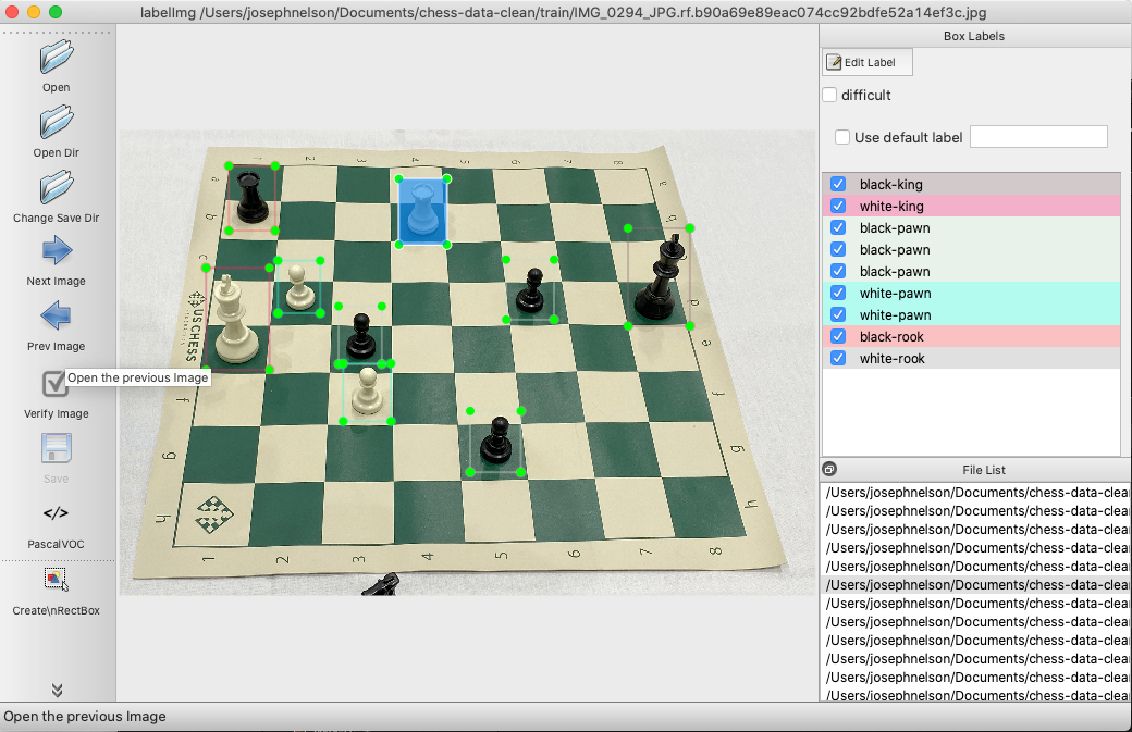 LabelImg screenshot: labeling chess pieces for object detection.