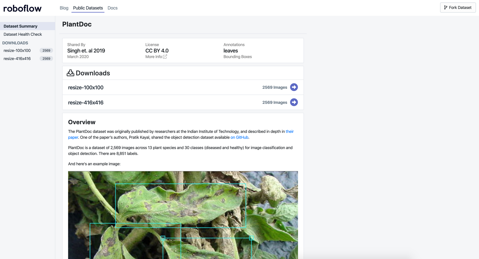 Roboflow screenshot: public PlantDoc dataset.