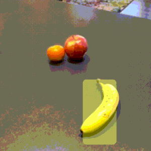 Screen capture from an iPhone detecting an apple, banana, and orange in a live feed.
