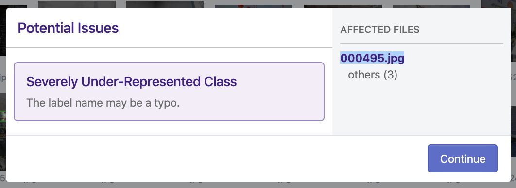 Roboflow Screenshot: Potential Issues (Severely Under-Represented Class)