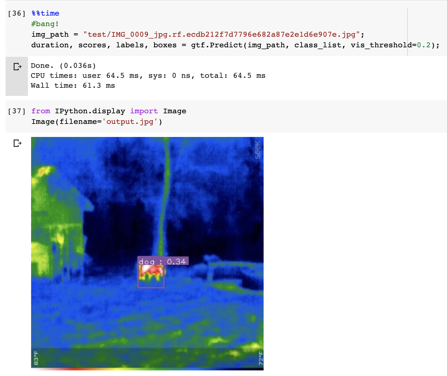 Jupyter Notebook screenshot: showing inference on a thermal image of a distant dog.