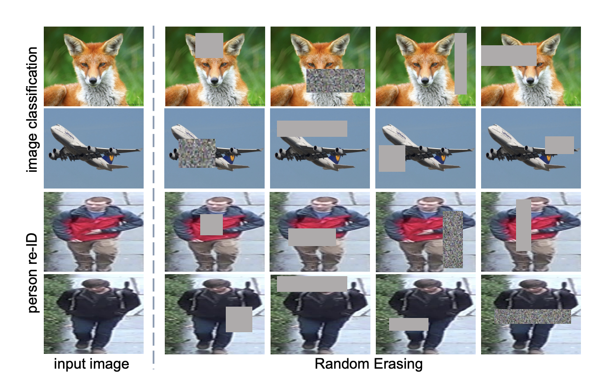 Random erasing of images in classification and person re-ID tasks (showing occlusion)