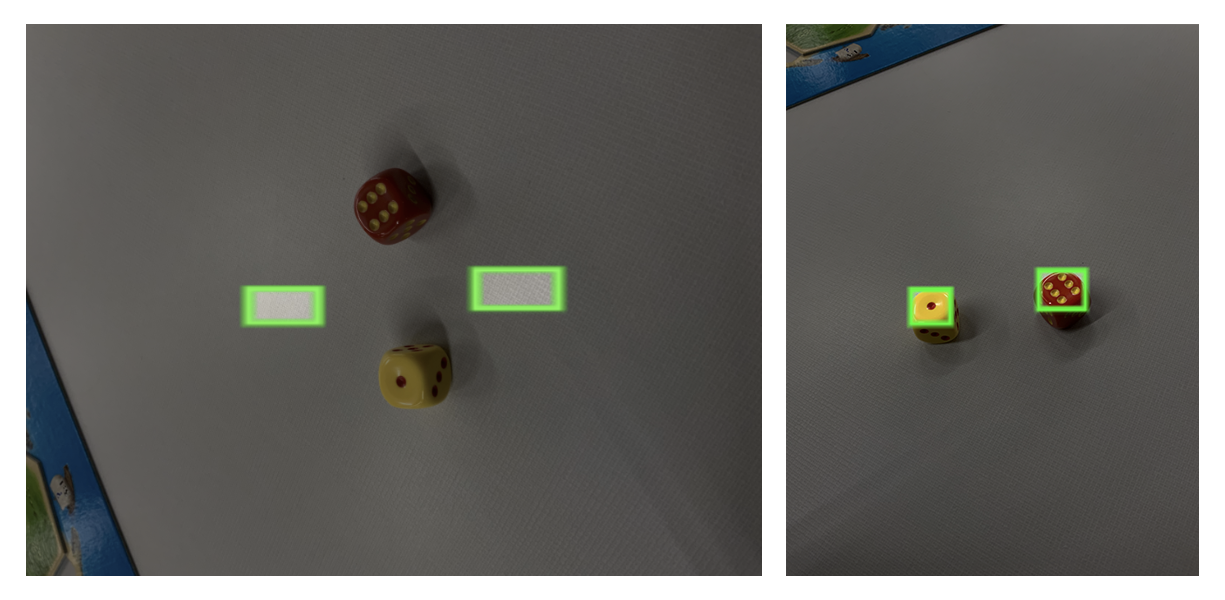 Two dice with bounding boxes misaligned and properly aligned based on image orientation.