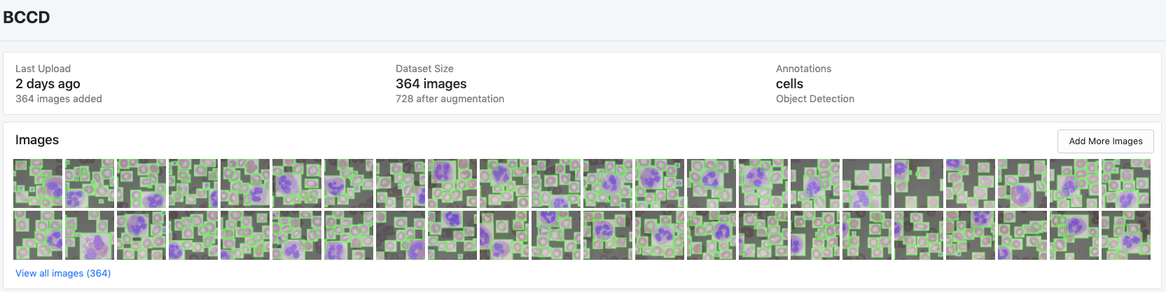 Roboflow Screenshot: BCCD dataset example images and overview statistics (last updated, dataset size, annotation info)