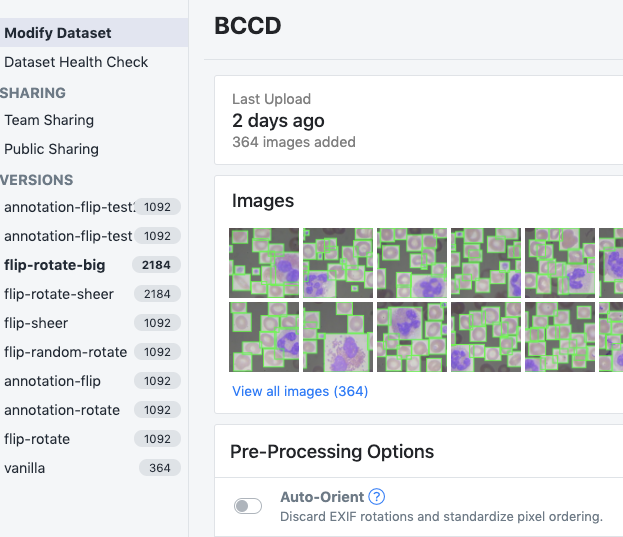 Roboflow Screenshot: Several versions of the BCCD dataset generated with different preprocessing and augmentation settings.