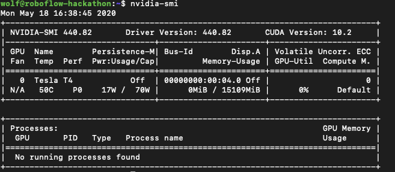 Terminal screenshot showing the results of nvidia-smi.