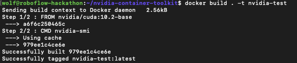 Terminal screenshot showing the results of docker build . -t nvidia-test