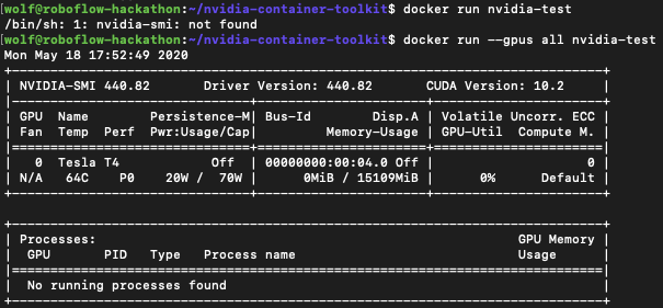 Terminal screenshot showing the results of docker run nvidia-test.