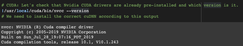 Terminal screenshot showing CUDA drivers and cuDNN.