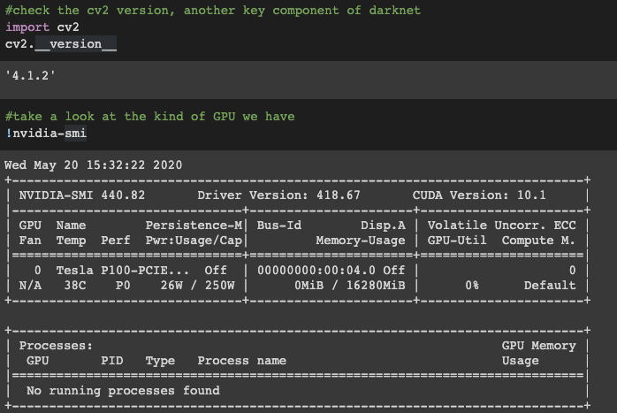 Terminal screenshot showing the results of nvidia-smi in Colab.