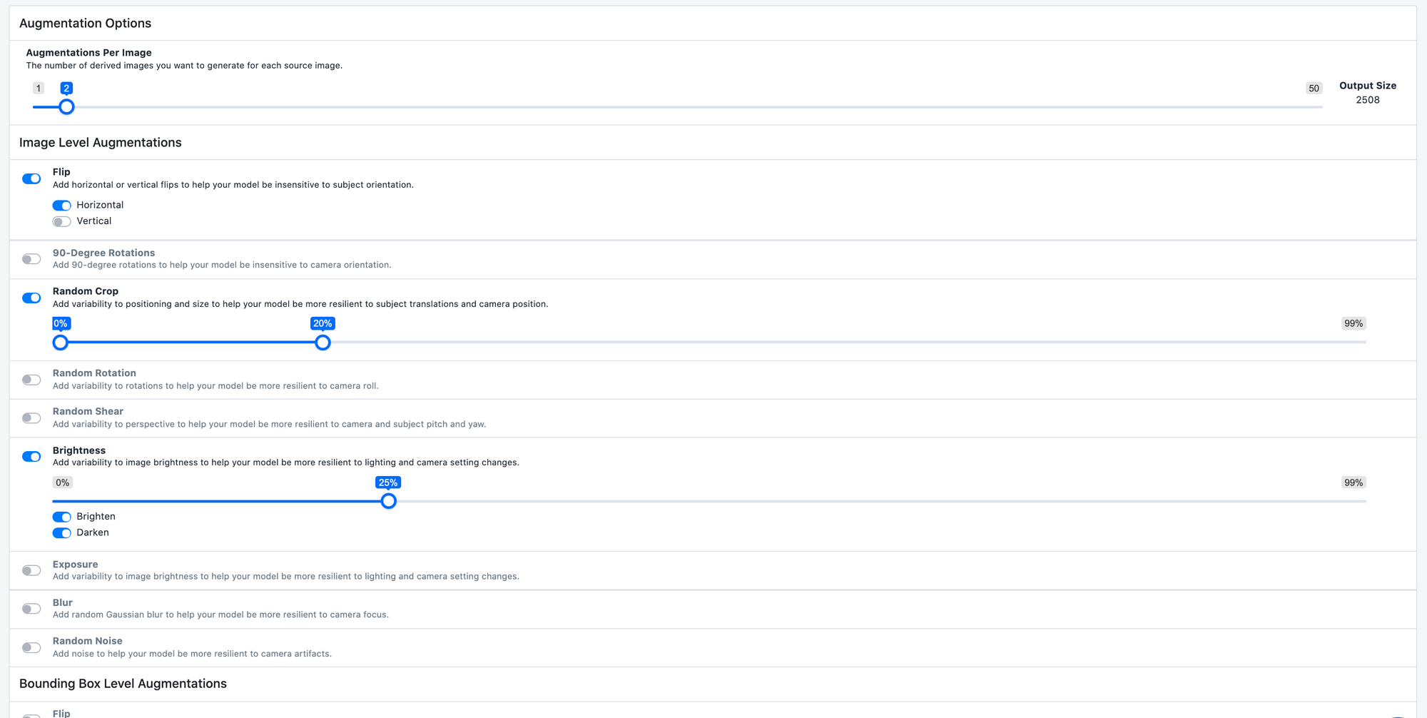 Roboflow Screenshot: choosing augmentation options.