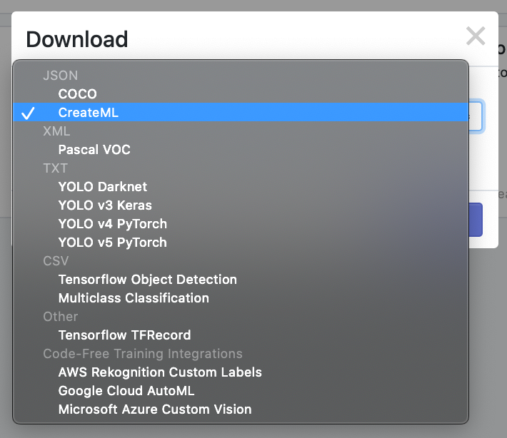 Export data as CreateML in Roboflow.