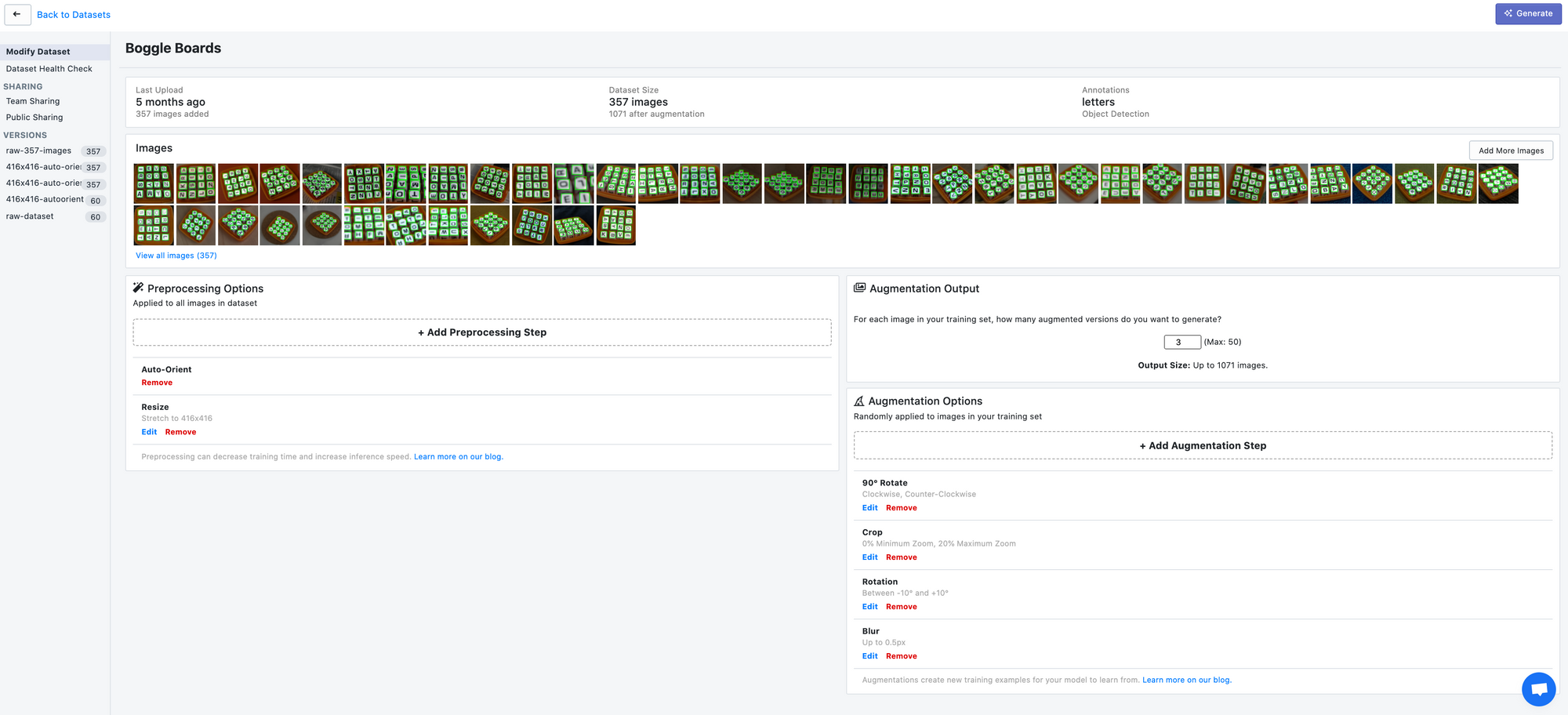 Preprocessing and augmentation in Roboflow.