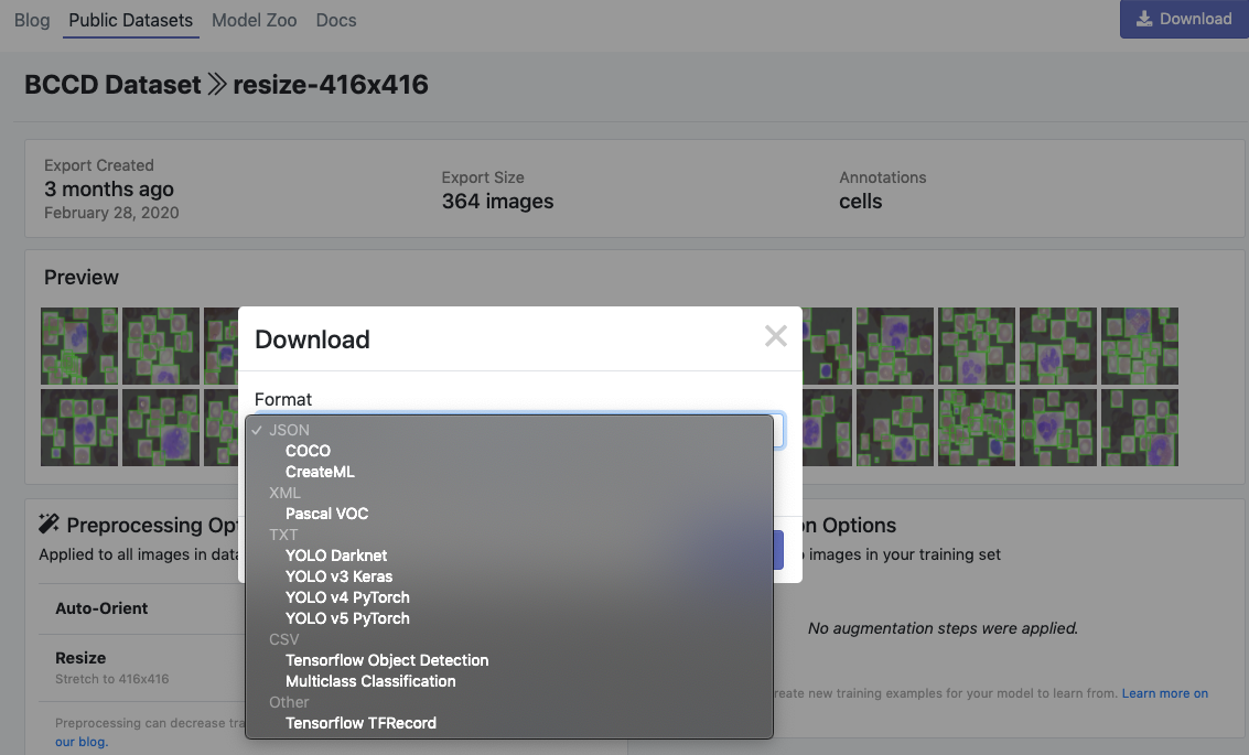 Roboflow Screenshot: Download Dialog (COCO, CreateML, Pascal VOC, YOLO Darknet, YOLO v3, Tensorflow, TFRecord)