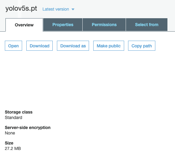 S3 Screenshot: yolov5s.pt weights file (27.2 MB)