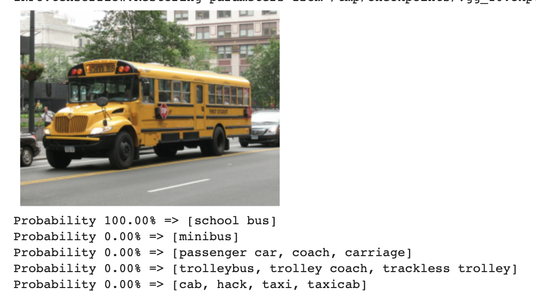 Output of classification model on a photo of a school bus (predictions: school bus 100%, minibus, passenger car, coach, carriage, trolleybus, trolley coach, trackless trolley, cab, hack, taxi, taxicab 0%)