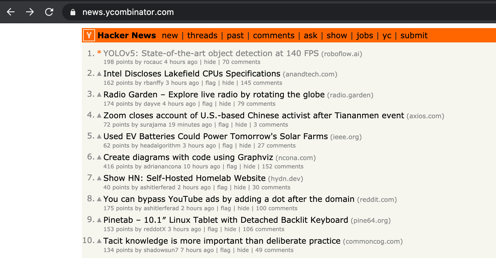 Hacker News Screenshot. 1. YOLOv5: State-of-the-art object detection at 140 FPS