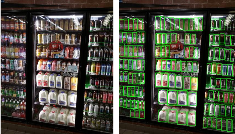 Fig 1.2: Store shelf image (on left) vs desired output with bounding box drawn on objects (right)