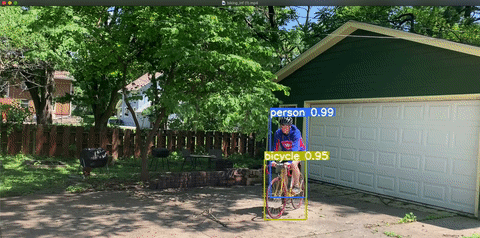 A gif of someone riding a bike, starting at a shed and riding past a blue car.