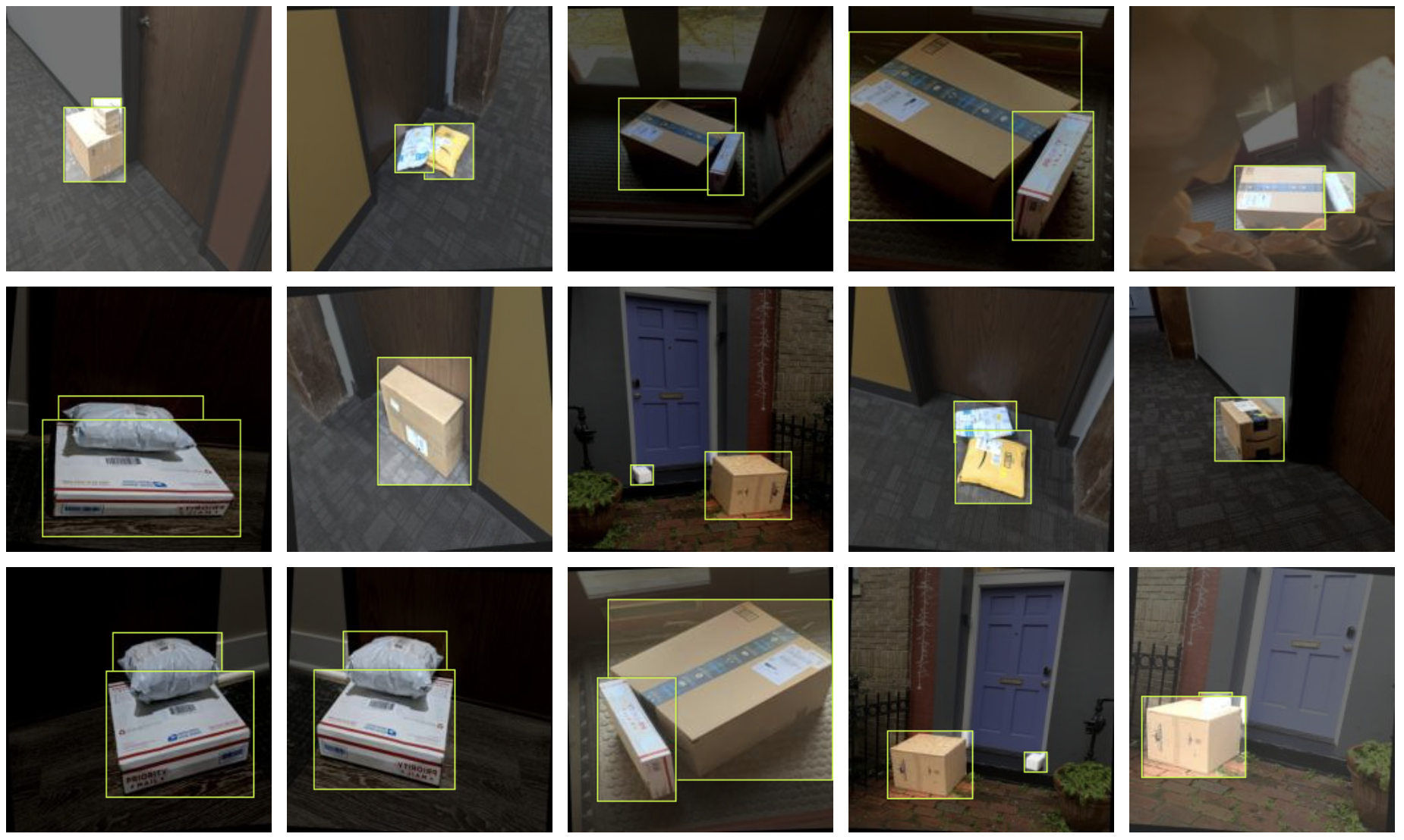 Bounding boxes on packages labeled for package detection and computer vision