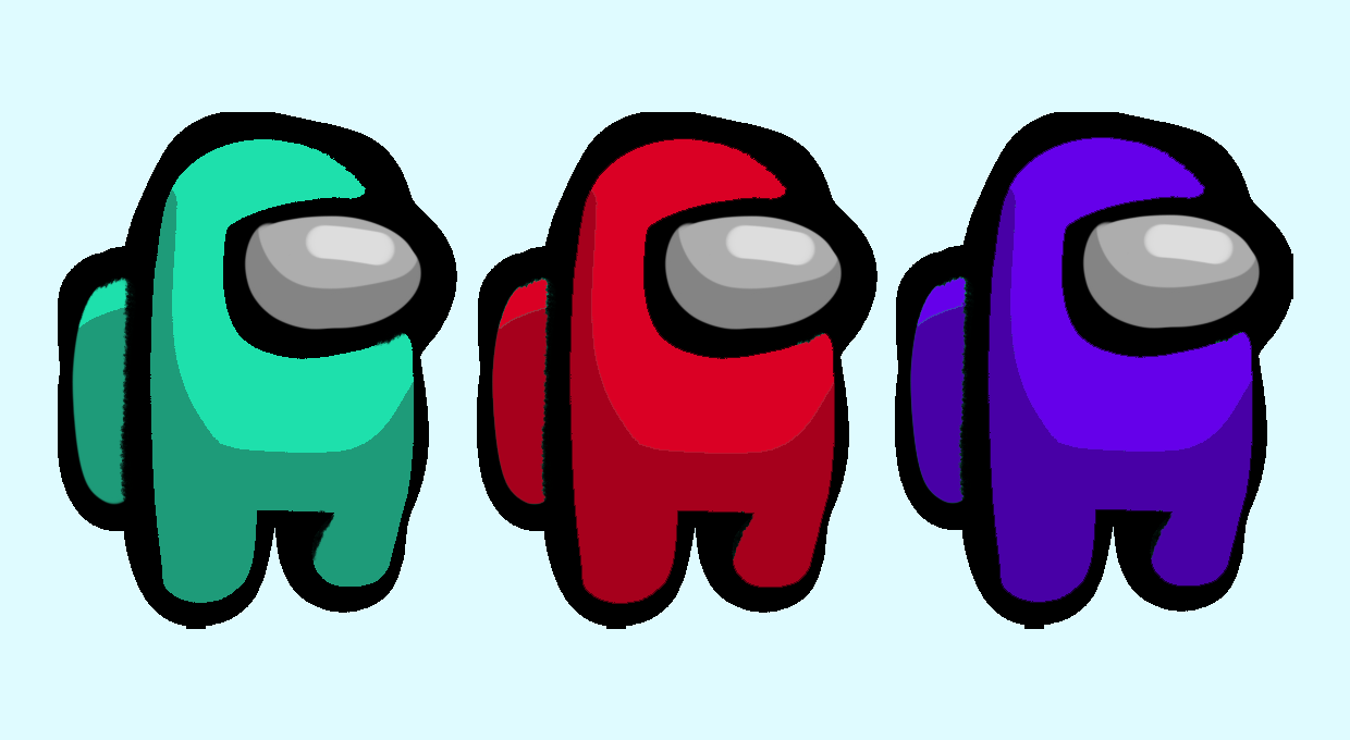 Three aliens: one cyan, one red, and one purple.