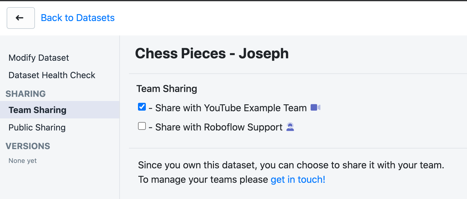 Roboflow Team sharing - Check the box for the team with which you want to share.