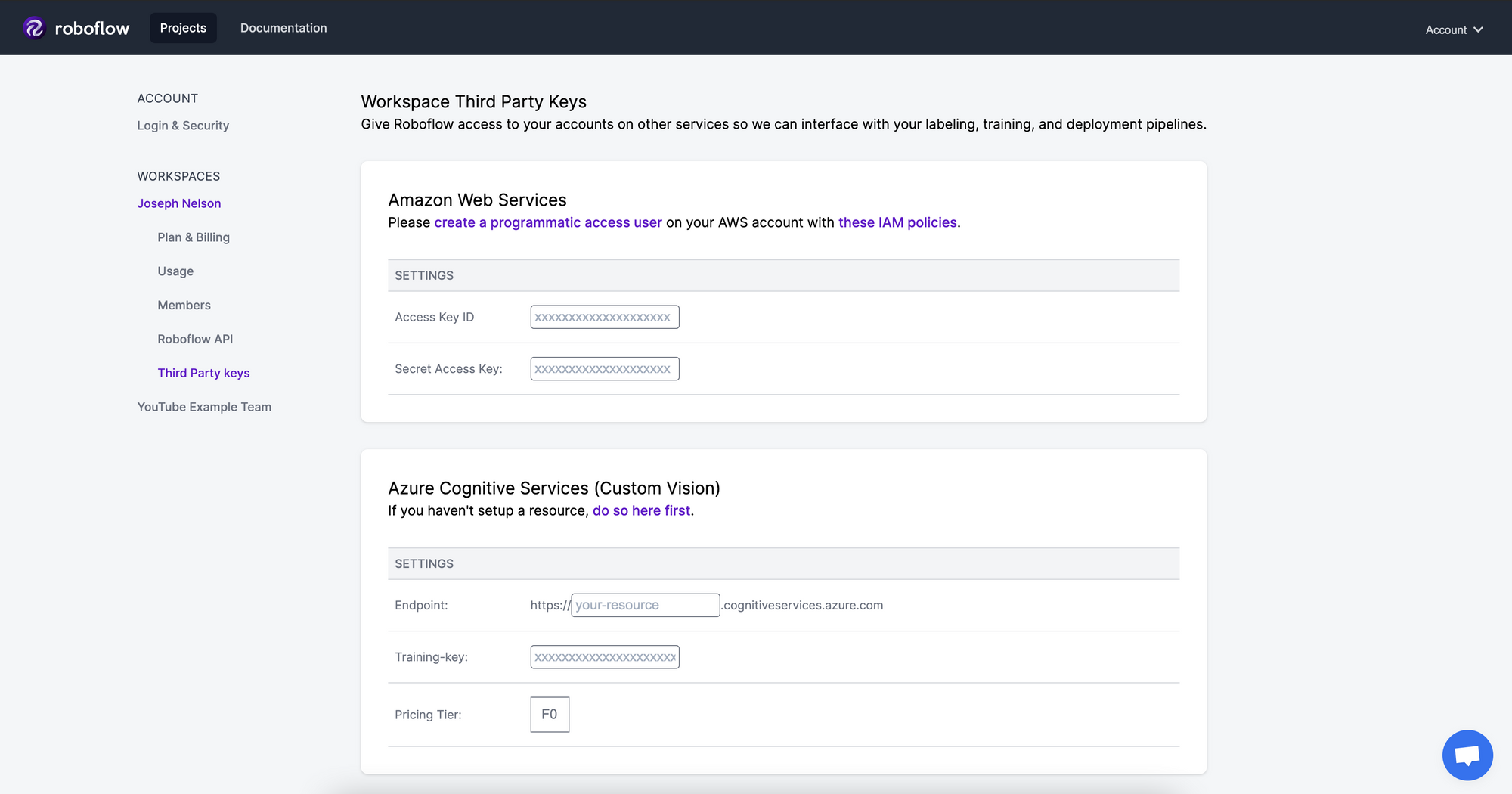 Roboflow Workspace Settings and Third Party Keys