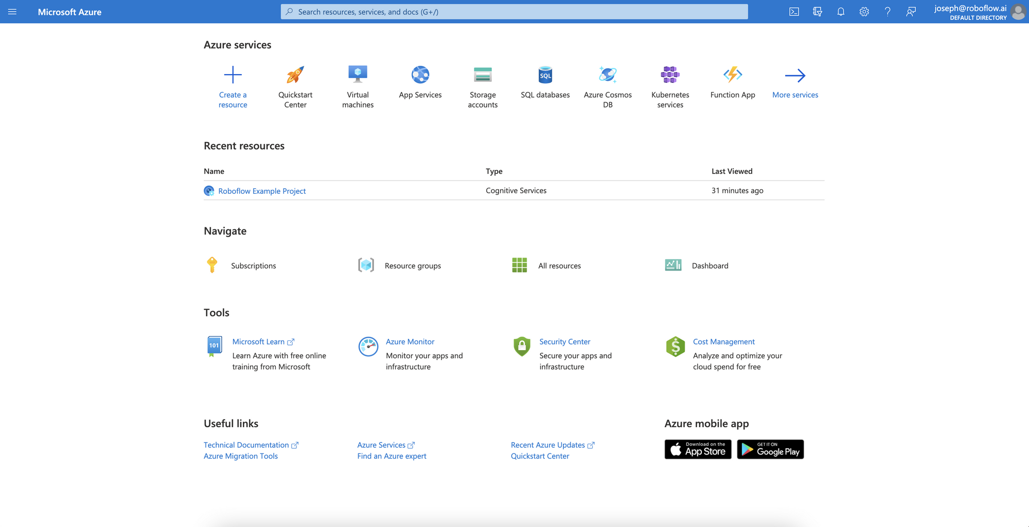 Microsoft Azure Portal Dashboard with Azure Custom Vision