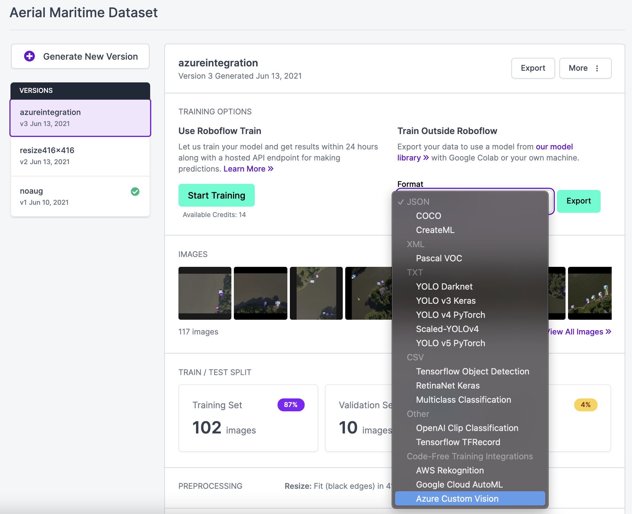 Export data from Roboflow as Azure Custom Vision.