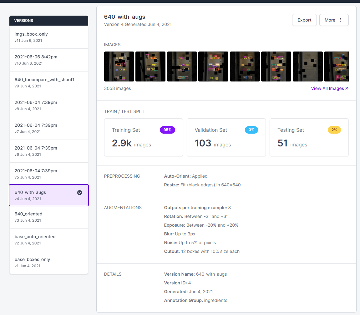 A look at the dataset versions created during model production with preprocessing and augmentation tools