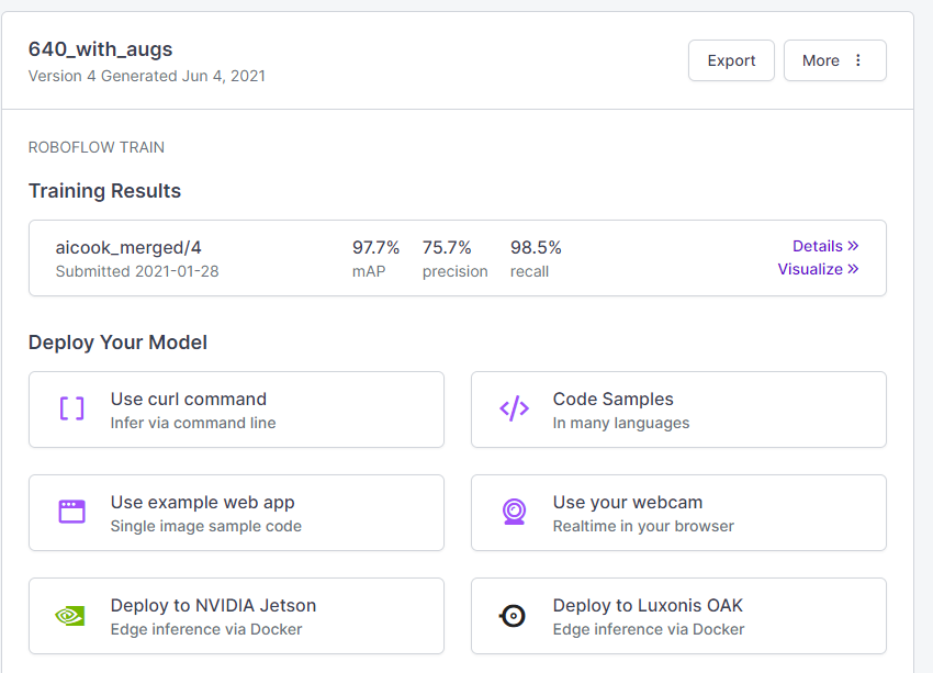 A look at the training metrics and deployment options for the model