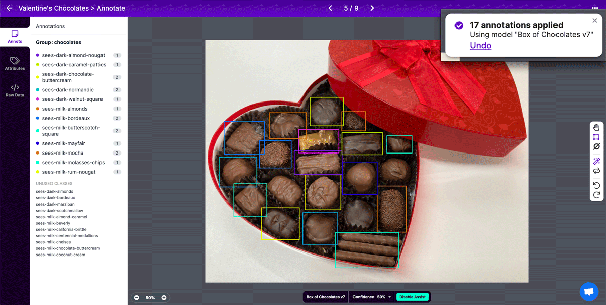 Screenshot of the Roboflow Annotation UI, highlighting Label Assist, with an annotated photo of chocolates.