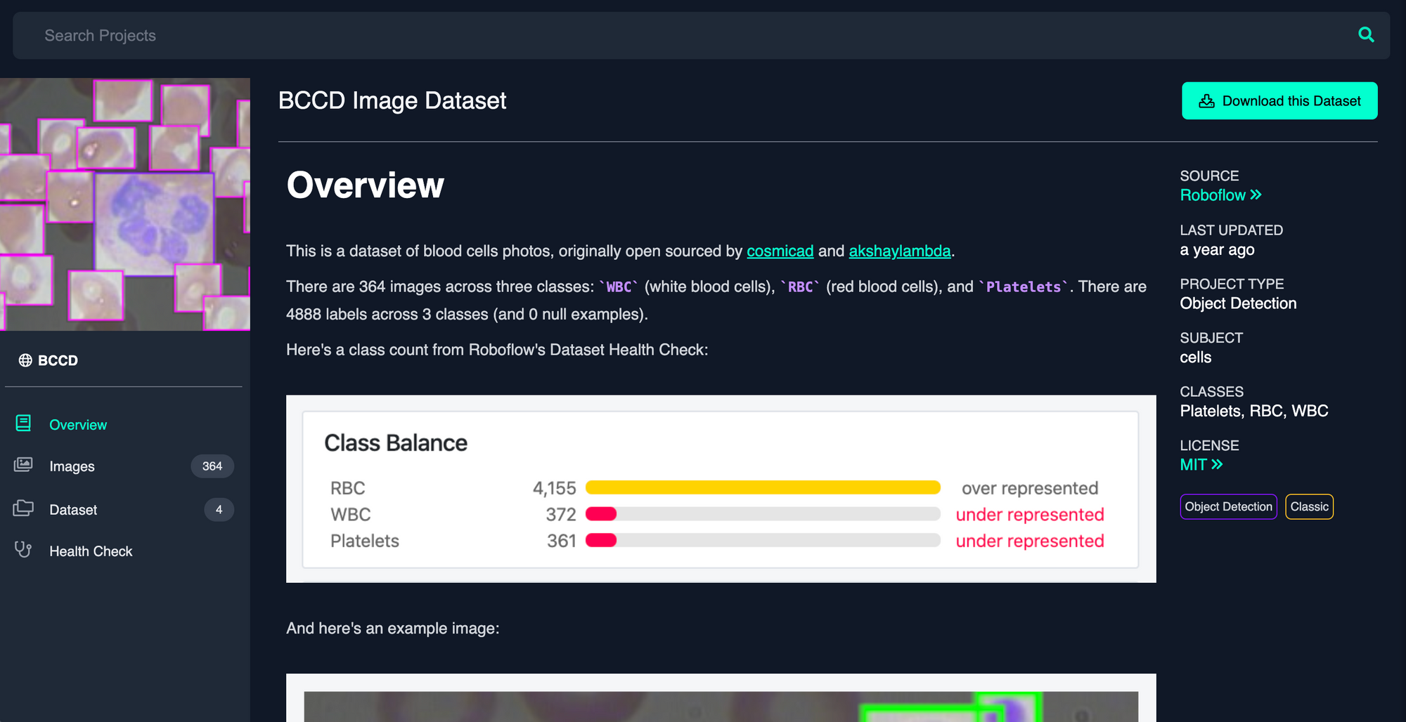 Roboflow Screenshot: Blood Cell Count and Detection dataset health check.