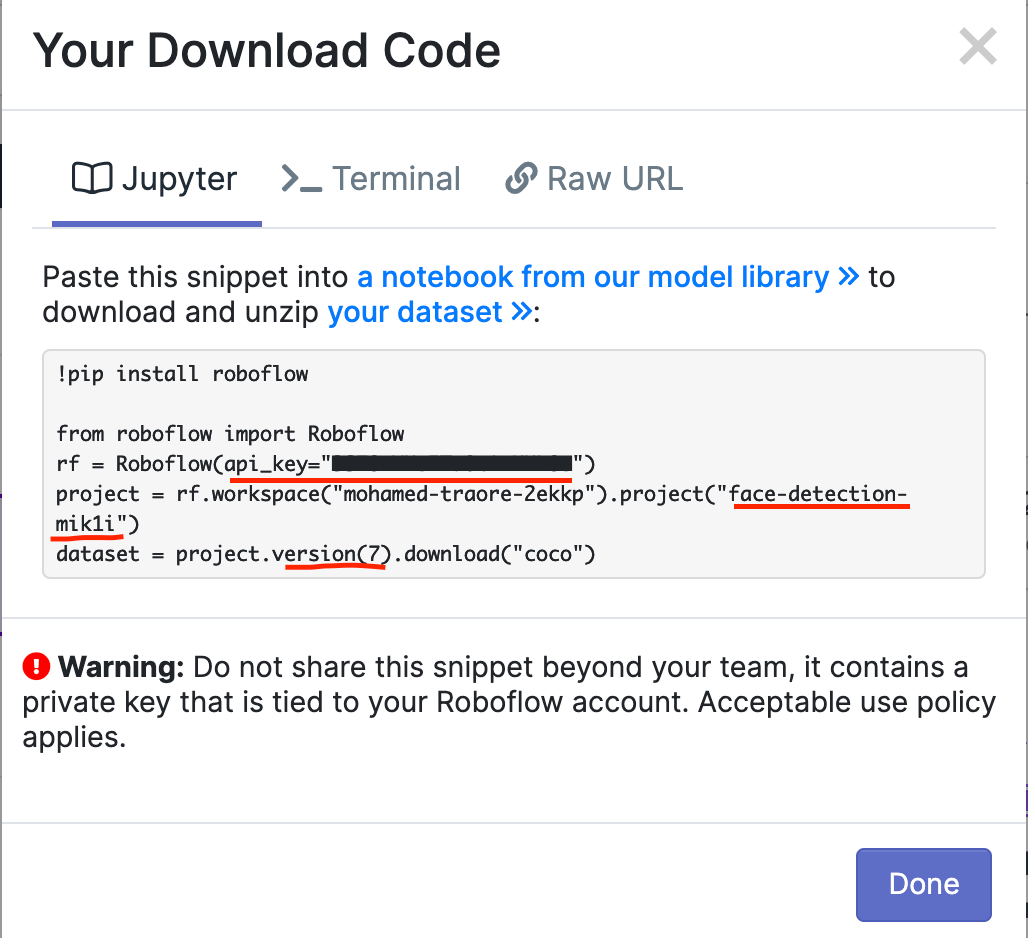 Accessing our API Key, Model Name and Model Version from the Roboflow Export Menu