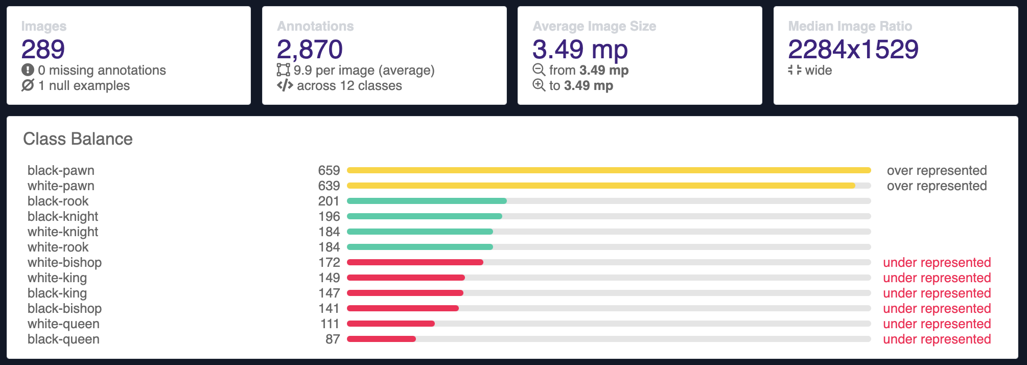 The Dataset Health Check shows computer vision dataset statistics.