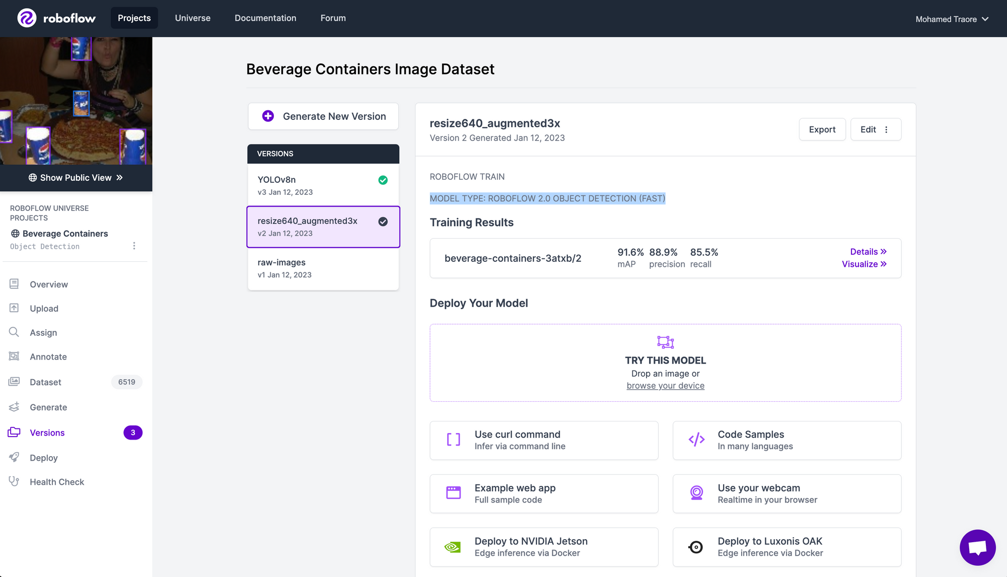 Versions page view: Beverage Containers dataset