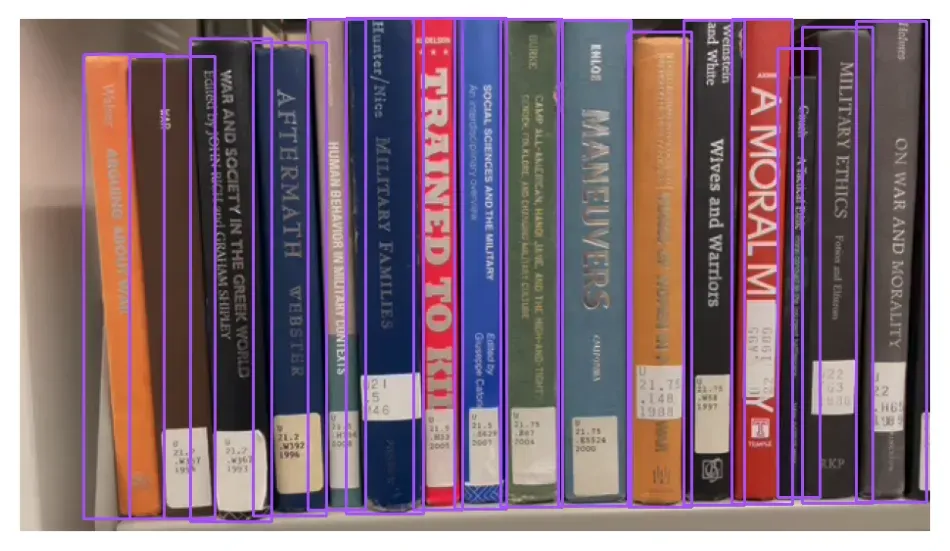 A image visualization of YOLO-World predictions on an image of a bookshelf