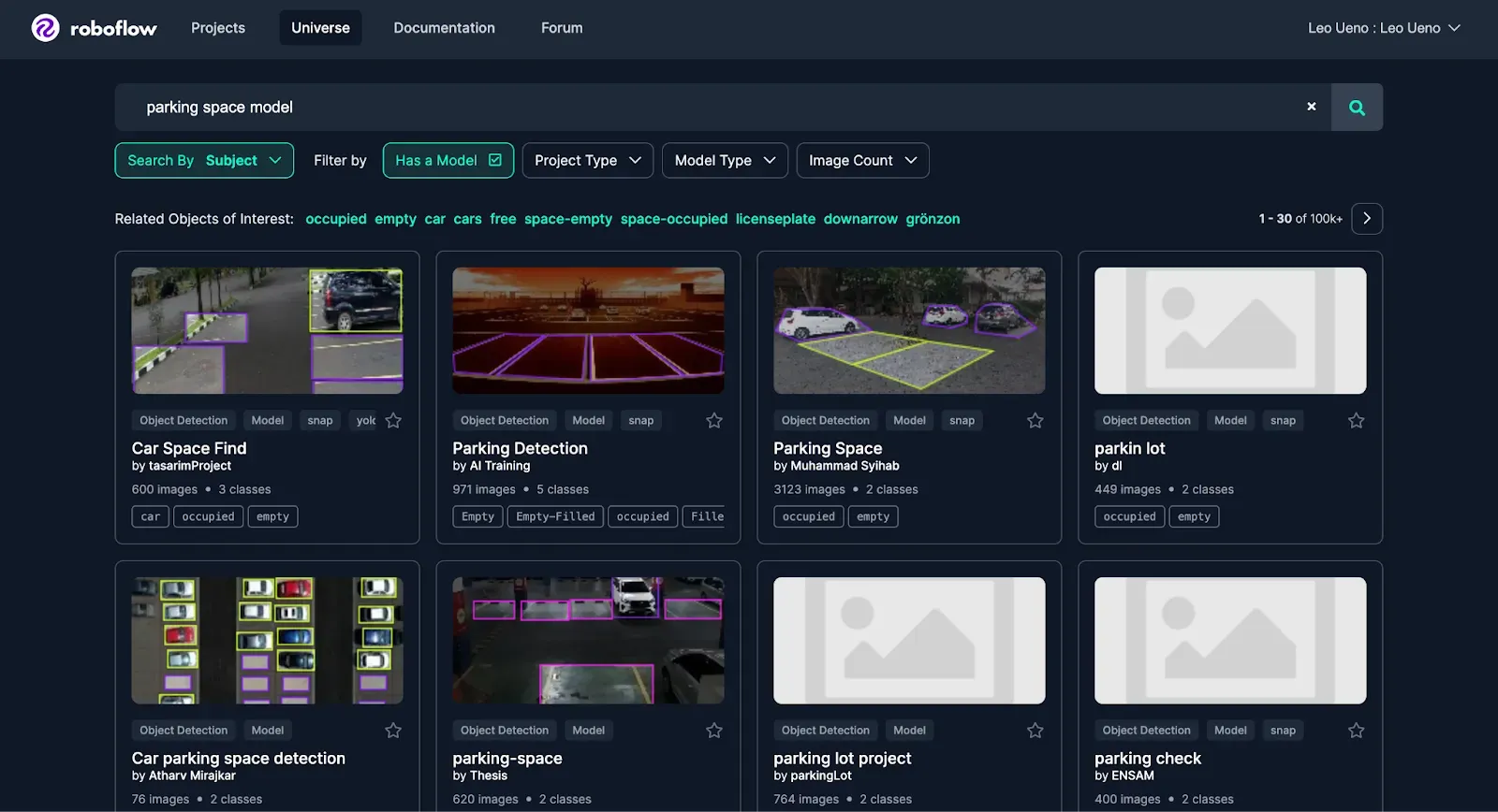 A screenshot of a search for a parking space detection model on Roboflow Universe