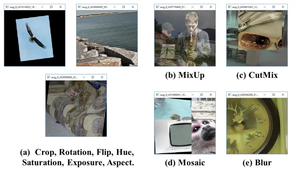 (a) Crop, Rotation, Flip, Hue, Saturation, Exposure, Aspect (b) MixUp (c) CutMix (d) Mosaic (e) Blur