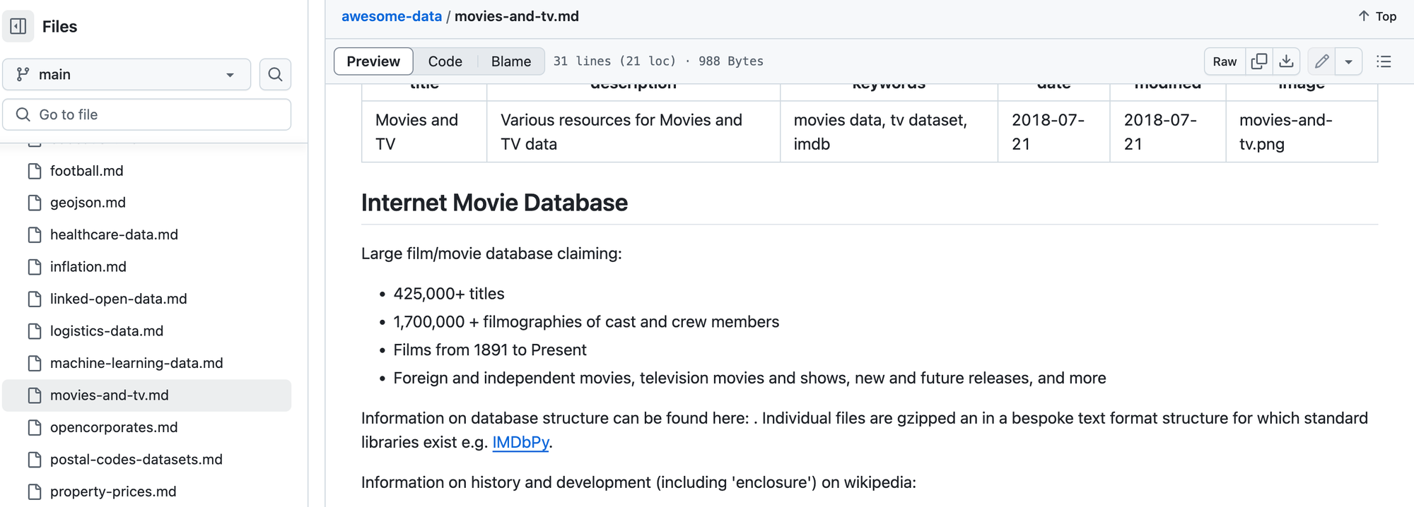 Datasets from GitHub, movie dataset